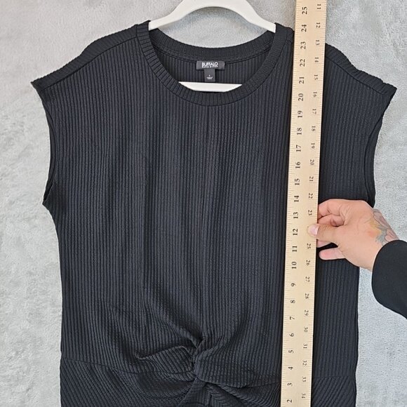Buffalo David Bitton Twist Front Top Womens Size S Black Ribbed Knit Cap Sleeve - Picture 4 of 7